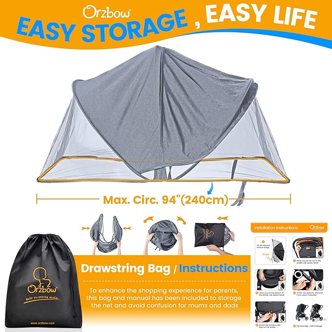 Orzbow 2-in-1 Baby Mosquito Net with UPF50+ Sunshade for Stroller, Breathable Stroller Mosquito Netting Privacy Cover with Two-Way Zipper & Storage Bag for Bassinet, Car Seat & Carrycot, Grey-BubblyBeeBaby