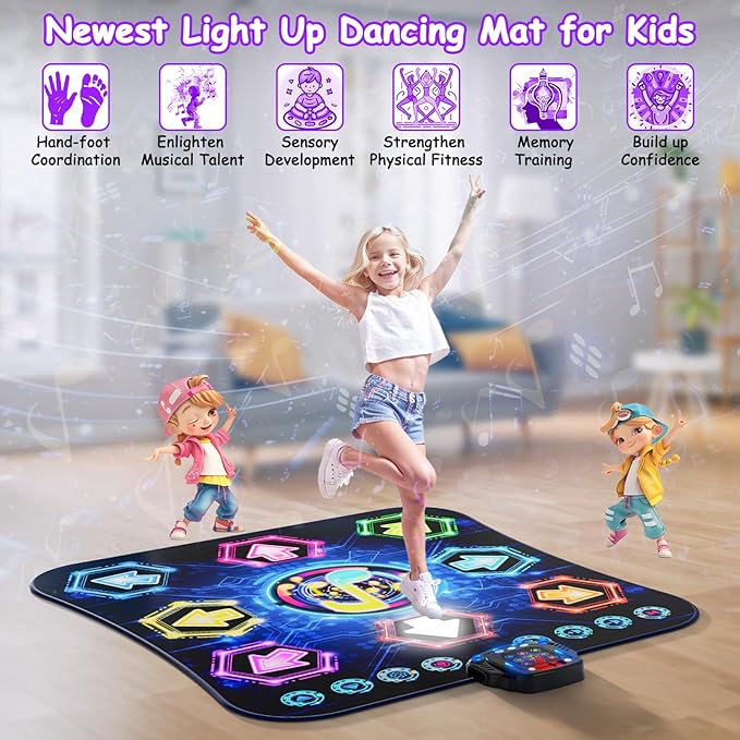 2025 Upgraded Dance Mat Toys for 3-12 Year Old Kids, Electronic Dance Pad with Light-up 8-Button Wireless Bluetooth, Music Dance with 27 Game Levels, Christmas Birthday Toy Gifts for Girls Boys-BubblyBeeBaby