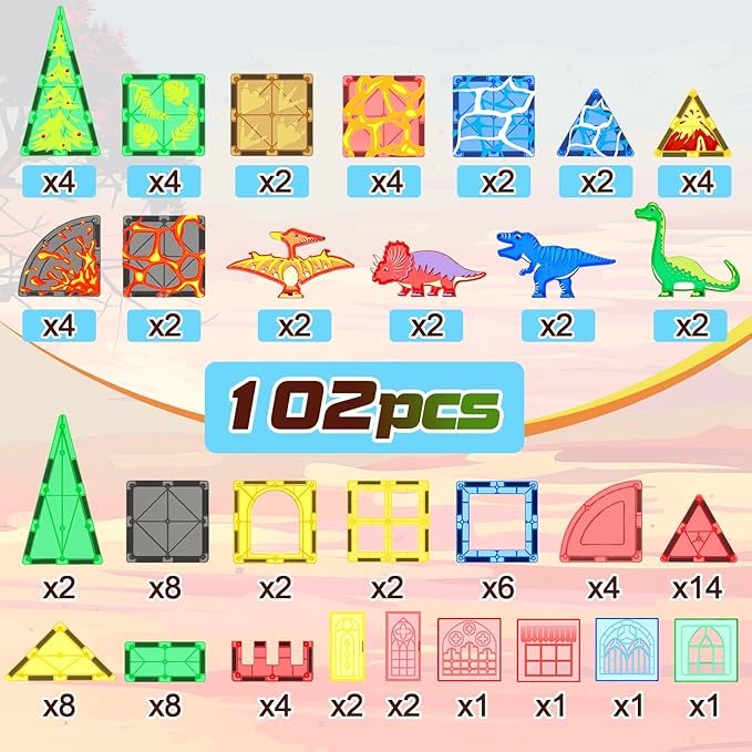 102PCS Dinosaur Toys Magnetic Tiles with 8 Dinosaurs - Jurassic Scenes Dinosaur World Adventure Set, Magnetic Blocks Kids Toys for Boys & Girls Ages 3+, Sensory Toddler Creative Kids Games Gifts-BubblyBeeBaby