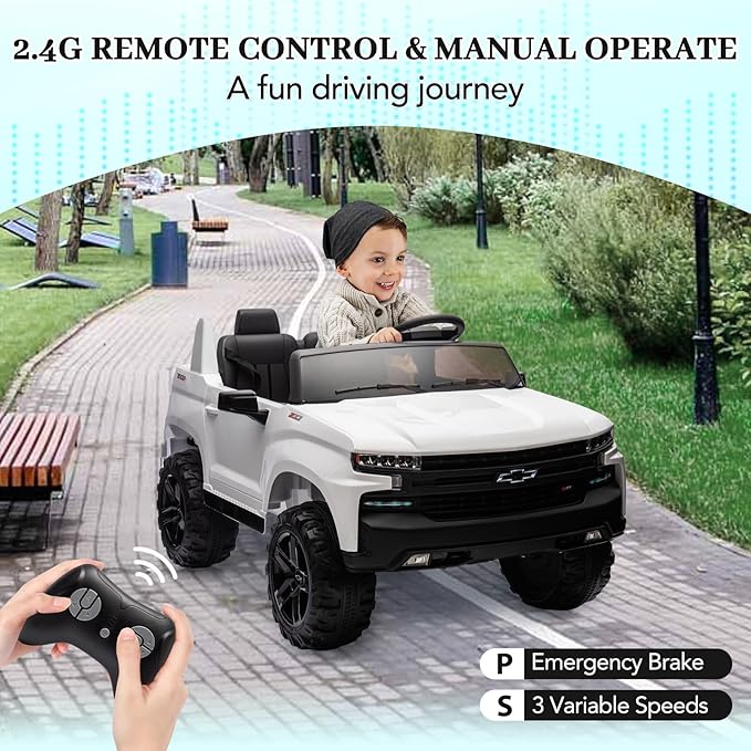 Hetoy 24V 2-Seater Truck Licensed Chevrolet Silverado Ride On Car Toy w/Parent Remote Control,4xSpring Suspension, 3 Speeds, Wireless Music, MP3 Player, Electric Vehicle Car for Kids, White-BubblyBeeBaby