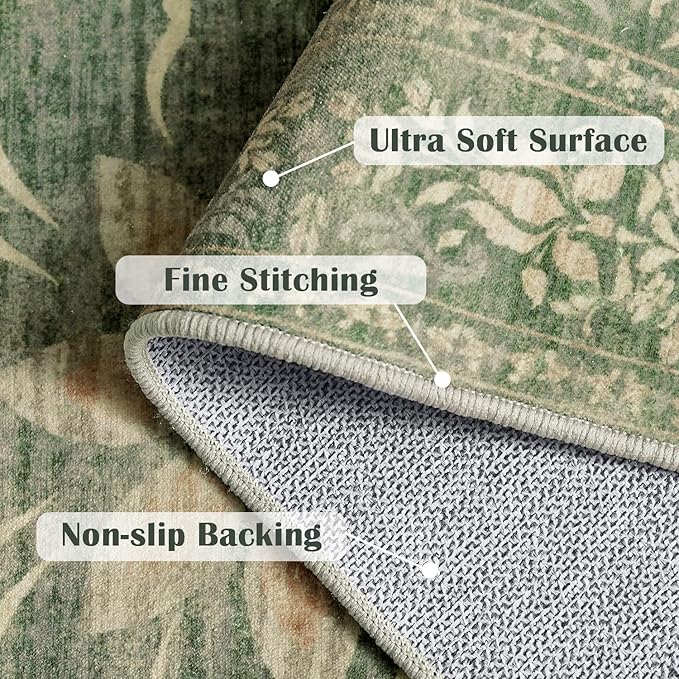 jinchan Floral 6x9 Green Area Rugs for Living Room - Machine Washable Vintage Distressed Design Soft Throw Rug Non-Slip Large Carpet for Bedroom Dining Room Home Office Nursery (6x9ft,Dark Green)-BubblyBeeBaby