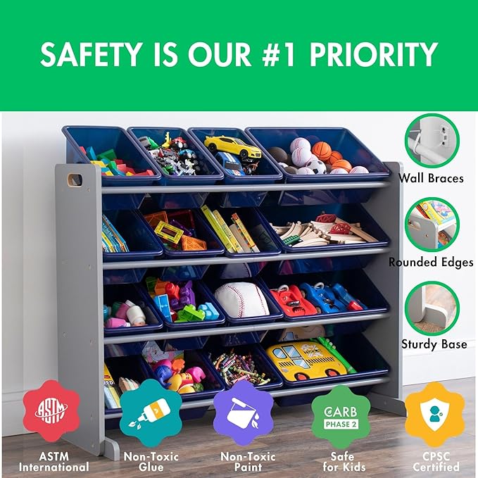 Humble Crew Supersized Toy Storage Organizer with 16 Removable Bins, Grey/Navy – Large Toy Storage for Toddlers Ideal for Kids' Rooms, Playrooms, and Nurseries - Modern Toy Bins for Kids-BubblyBeeBaby