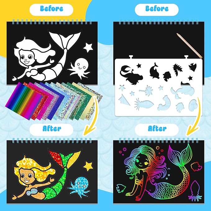 homicozy Art & Craft Activity for Kids - Foil Fun Mermaids & Scratch Art Book 2-in-1, No Mess Art Crafts for Girls,DIY Creative Activity Kit,Gifts for Girls Ages 4, 5, 6, 7, 8, 9, Travel Toys-BubblyBeeBaby