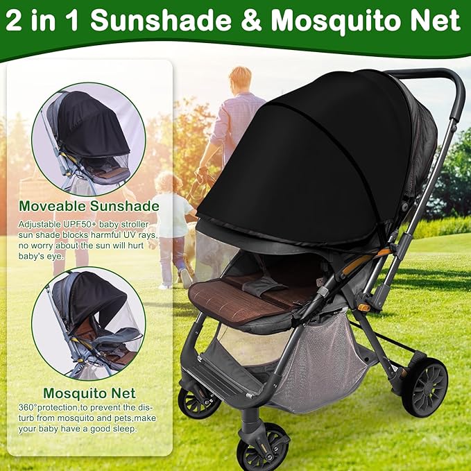 Baby Mosquito Net for Stroller Sun Shade, 2-in-1 Stroller Cover for Sun Protection with Two-Way Zipper and Storage Bag, Breathable Strollers Bug Net Suitable for Bassinet, Cradle, Car Seat – Black-BubblyBeeBaby