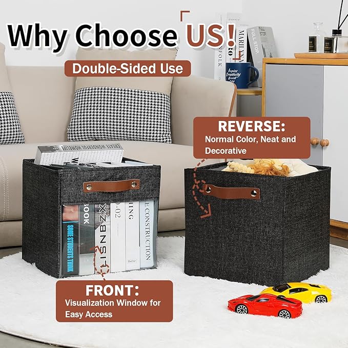 HNZIGE Fabric Cube Storage Bins 11 x 11, Collapsible Storage Cubes Bins for Storage Shelves,Foldable Cube Storage Bins for Storage, Cubby Closet Clear Bins for Storage Blanket(Prints Black 6PCS)-BubblyBeeBaby