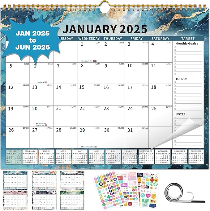 2025 Calendar, Wall Calendar 2025-2026 Planner Hanging Spiral Bound Magnetic Fridge Calendars 15" x 12", Use Jan 2025 - Jun 2026-BubblyBeeBaby