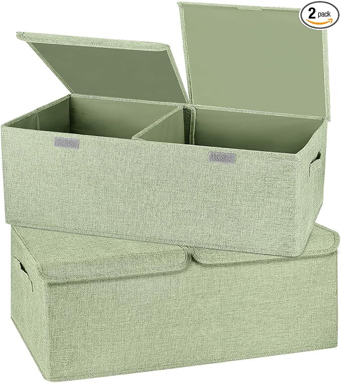 2 Pack Storage Boxes with Lids and Handles, Collapsible Linen Storage Bins Organizer Containers Baskets Cube with Removable Divider for Home Bedroom Closet Office (Green, Small)-BubblyBeeBaby