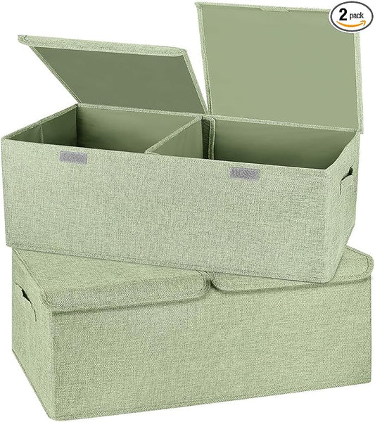 2 Pack Storage Boxes with Lids and Handles, Collapsible Linen Storage Bins Organizer Containers Baskets Cube with Removable Divider for Home Bedroom Closet Office (Green, Small)-BubblyBeeBaby
