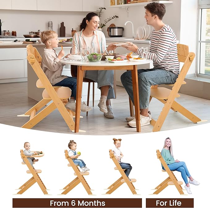 High Chair for Babies and Toddlers, Wooden Highchair with Adjustable Seat & Convertible Footrest Heights, Baby Feeding Chair with Safety Harness & Removable Double Layer Tray-BubblyBeeBaby