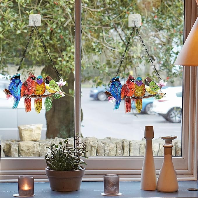 2 Pack Stained Glass Window Hanging - Hummingbird Decorations Suncatcher Hand-Painted Double Sided Birds on A Branch Sun Catcher for Window Home Decor Gifts for Mom,Bird Lovers-BubblyBeeBaby