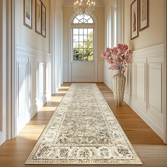 jinchan Long Hallway Runner Rug 2x12 Machine Washable Runner Rug Taupe Vintage Floral Design Non-Slip Ultra-Thin for Kitchen Laundry Room Bedroom Farmhouse (2‘x12',Taupe)-BubblyBeeBaby