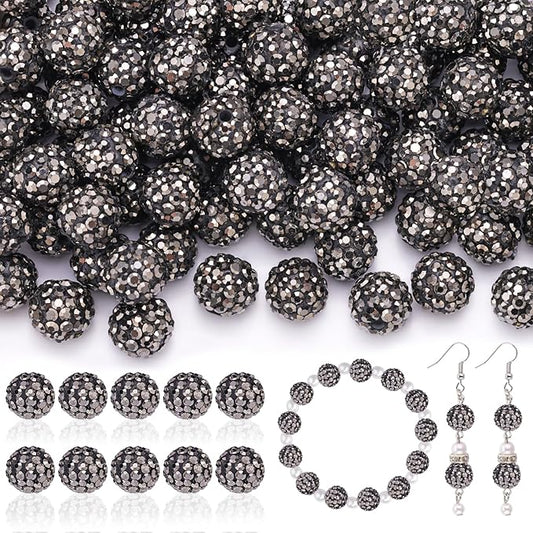 105pcs 10mm Rhinestone Beads for Jewelry Making, Hematite Shiny Round Disco Ball Beads Bulk, Sparkle Crystal Clay Christmas for Bracelet Baseball Necklace Earring Crafting and DIY-BubblyBeeBaby