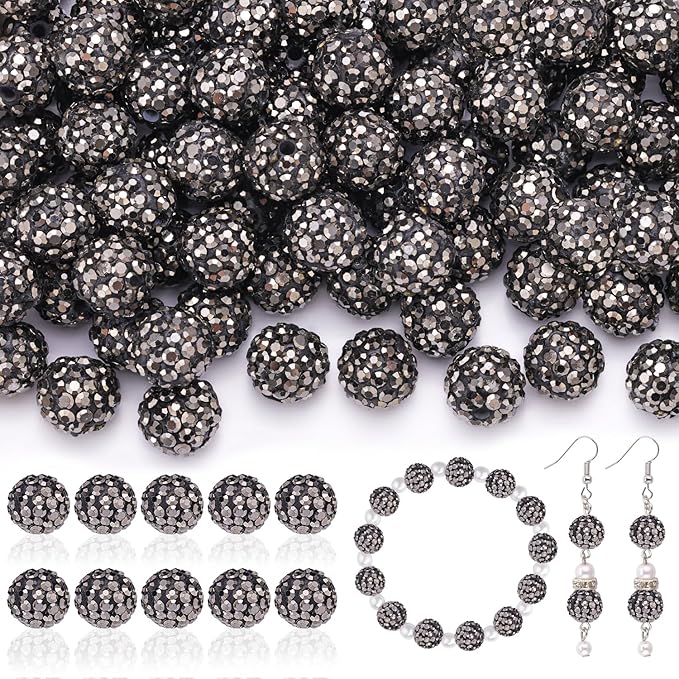 200pcs 10mm Rhinestone Beads for Jewelry Making, Hematite Shiny Round Disco Ball Beads Bulk, Sparkle Crystal Clay Christmas for Bracelet Baseball Necklace Earring Crafting and DIY-BubblyBeeBaby