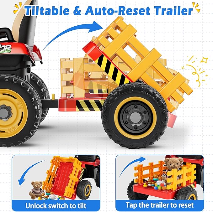 24V Ride On Tractor w/Tiltable & Detachable Trailer, 2x65W Motors, EVA Tires, Remote Control, Bluetooth, Shifter, Music, Electric Car for Kids Ages 2-5, Red-BubblyBeeBaby