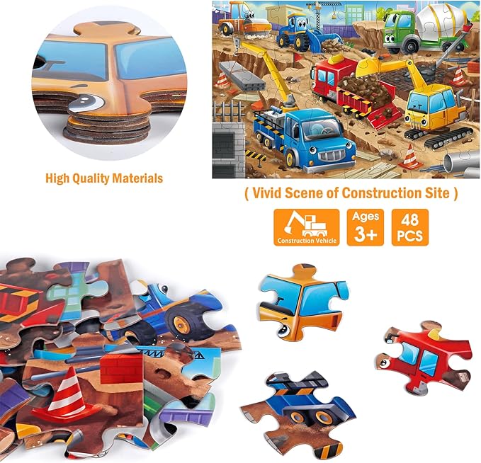 Jumbo Floor Puzzle for Kids,Construction Site Jigsaw Large Puzzles,48 Piece Construction Vehicle Puzzle for Toddler Ages 3-5,Children Learning Preschool Educational Toys,Gift for 4-8 Years Old-BubblyBeeBaby