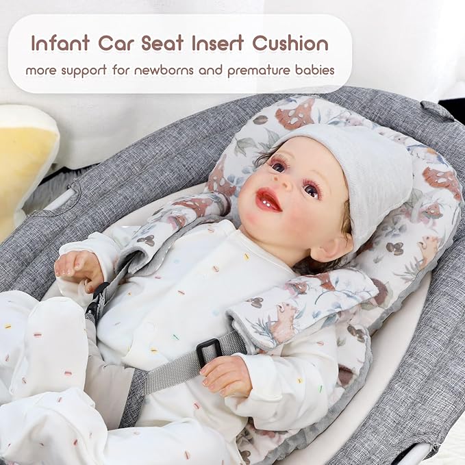 Infant Car Seat Insert, Car Seat Head Support Baby Girls Boys, Soft & Reversible Newborn Carseat Insert Cushion with 2 Strap Covers, for Stroller, Swing, Bouncer (Gray Animals)-BubblyBeeBaby