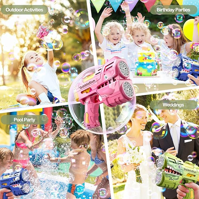 2 Pack Bubble Guns for Kids, Rechargeable LED Light Up Dinosaur Bubbles Machine Blower with 4 Bottles Refill Solution for Toddlers 4-8, Wedding Party Birthday Gift-BubblyBeeBaby