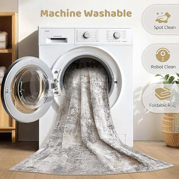 10x12 Area Rug Living Room: Washable Large Abstract Modern Soft Rugs Stain Resistant Indoor Floor Non Slip Accent Carpet for Bedroom Nursery Playroom Office Dining Room Dorm Home House- Gray Rust-BubblyBeeBaby