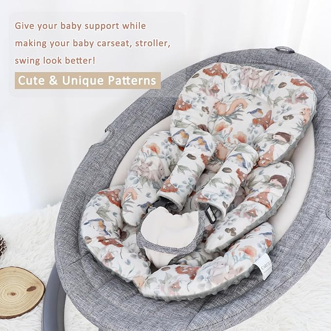 Infant Car Seat Insert, Car Seat Head Support Baby Girls Boys, Soft & Reversible Newborn Carseat Insert Cushion with 2 Strap Covers, for Stroller, Swing, Bouncer (Gray Animals)-BubblyBeeBaby