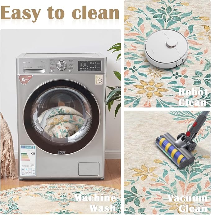 jinchan Round Rug 5ft Area Rugs Vintage Floral Distressed Design,Machine Washable Soft Non-Slip Low-Pile Ultra-Thin Circle Rug for Entryway Living Room Dining Room Bedroom (5' Round,Apricot Multi)-BubblyBeeBaby