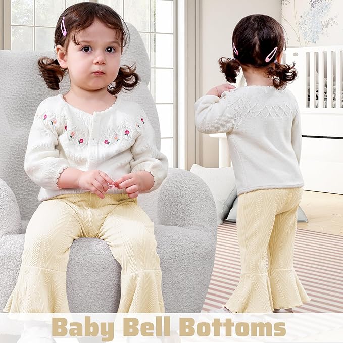 2 Pack Toddler Baby Girl Pants Flare Leggings Ribbed Knit Newborn Bell Bottoms Solid Ruffle Infant Pants for Girls-BubblyBeeBaby