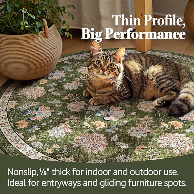 jinchan 7ft Floral Round Rug for Dining Room Washable Living Room Rug Vintage Romance Design Non Slip Indoor Floor Cover Lightweight Low-Profile Throw Carpet for Bedroom Porch Patio, Green-BubblyBeeBaby