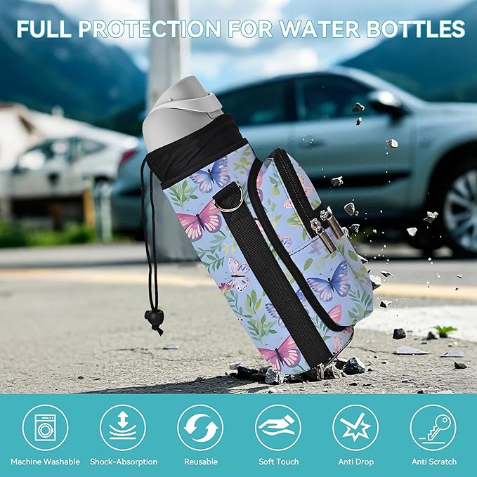 25/32/40/64oz Water Bottle Bag Holder Carrier-Insulated Crossbody Sling Case Sleeve with Strap & Pockets for Men Women Gym Cycling Travel Walking Hiking Camping-BubblyBeeBaby