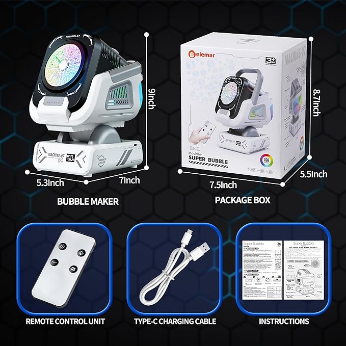 2025 Upgraded Bubble Machine with Remote Control, Automatic Rotation & RGB Lights, 1800mAh Rechargeable Battery, Type-C Charge, Bubble Maker for Kids, Weddings, Birthday Parties, Outdoor Activities-BubblyBeeBaby