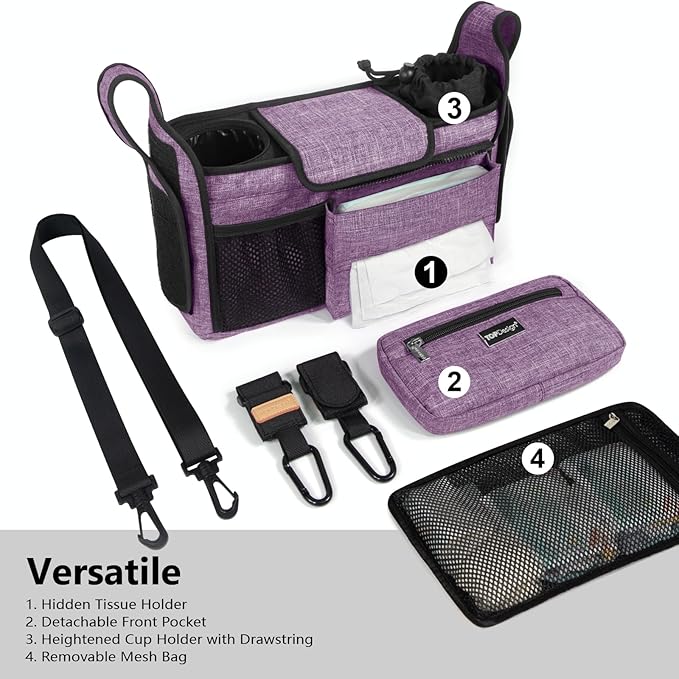 TOPDesign Universal Baby Stroller Organizer, Stroller Caddy with Detachable Mesh Bag & Heightened Insulated Cup Holders & Non-Slip Secure Hooks Accessories, Fits Most Strollers (Purple)-BubblyBeeBaby