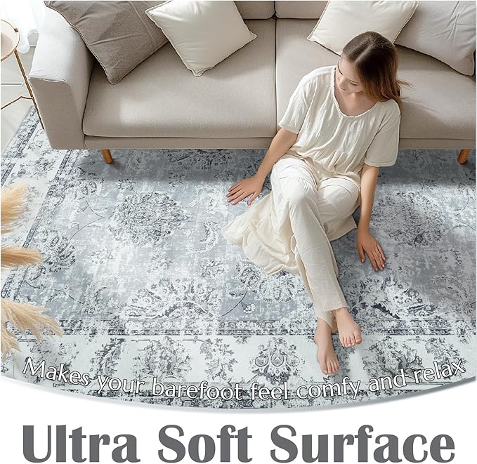 jinchan Hallway Runner Rug 3x8 Washable Runner - Vintage Floral Non Slip Low-Pile Soft Thin Faux Wool Kitchen Rug Distressed Carpet for Farmhouse Bedroom Laundry Room(3x8ft,Grey)-BubblyBeeBaby