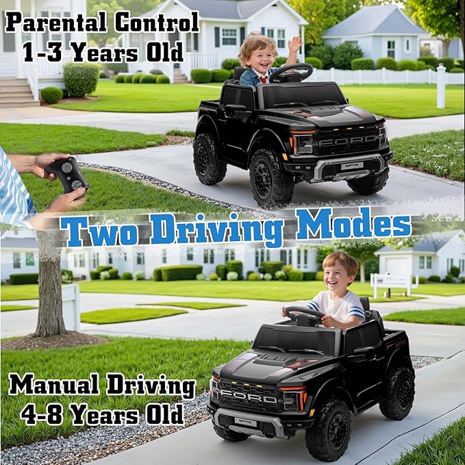12V Ride on Car Licensed Ford F-150 Raptor, Kids Electric Car with Remote Control, LED Light/Music/MP3, Truck Bed Storage, 3-Point Seat Belt (12V, Black)-BubblyBeeBaby