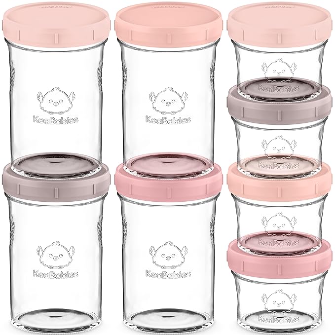 KeaBabies 4pk 8oz & 4pk 4oz Glass Baby Food Containers with Lids - Leak-Proof, Microwavable Small Glass Jars,Baby Purees & Toddler Snack Storage Containers,BPA-Free,Dishwasher & Freezer Safe(Roseate)-BubblyBeeBaby