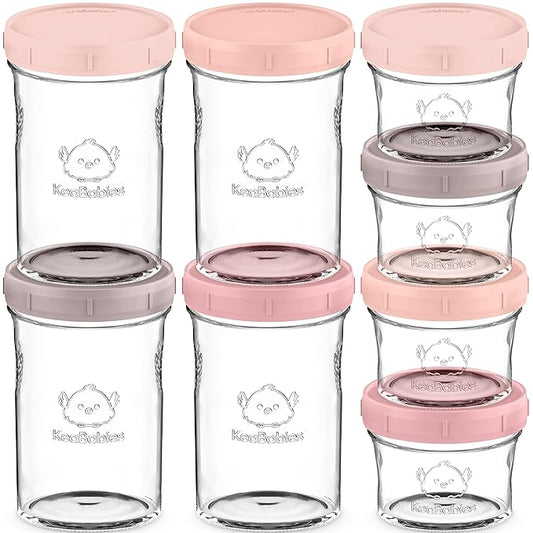 KeaBabies 4pk 8oz & 4pk 4oz Glass Baby Food Containers with Lids - Leak-Proof, Microwavable Small Glass Jars,Baby Purees & Toddler Snack Storage Containers,BPA-Free,Dishwasher & Freezer Safe(Roseate)-BubblyBeeBaby