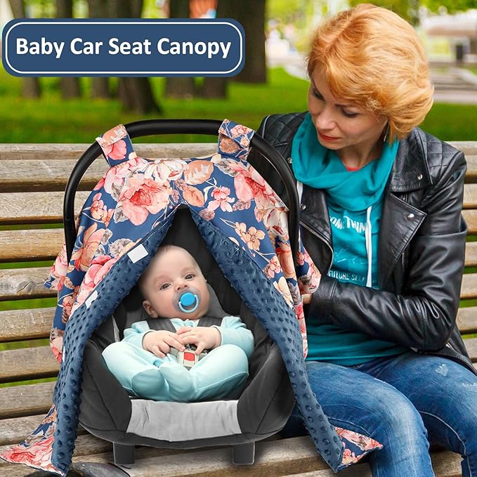 TANOFAR Car Seat Cover Baby, Carseat Covers Baby Boy Girl, Peekaboo Opening Infant Car Seat Cover for Winter, Warm & Cozy, Blue Floral-BubblyBeeBaby