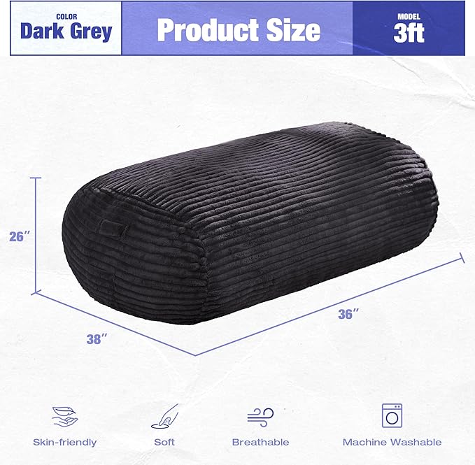Hobestluk 3FT Bean Bag Chairs Adult Bean Bag with Portable Handle Comfy Large Bean Bag Chair with Removable Cover for Living Room Bedroom or Reading Nook (Stripe Dark Grey, 3FT)-BubblyBeeBaby
