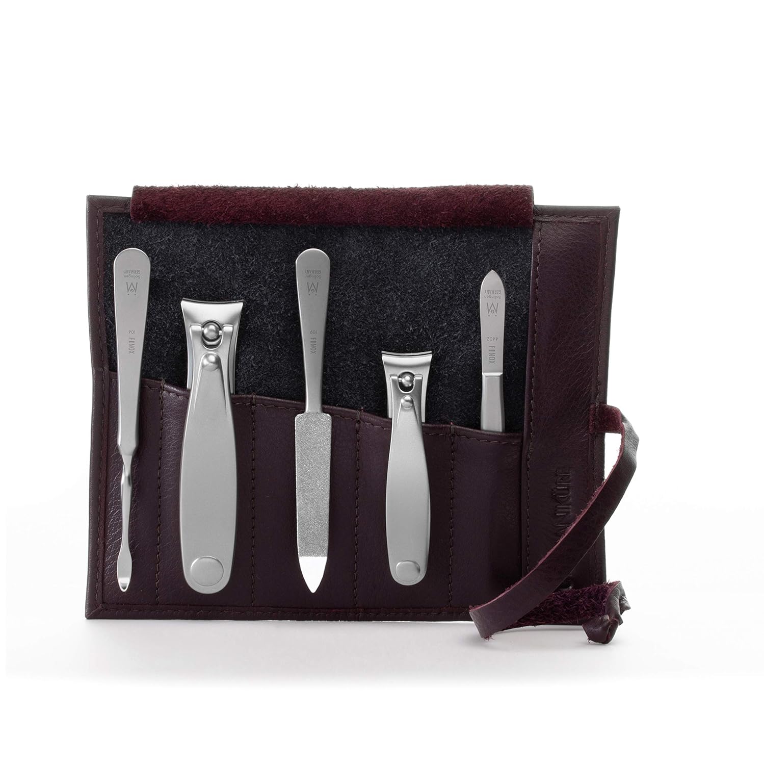 GERMANIKURE 5pc Manicure Set in Dark Purple Leather Case - Made in Solingen Germany, FINOX Stainless Steel Tools – Professional Quality Compact Nail Grooming Kit