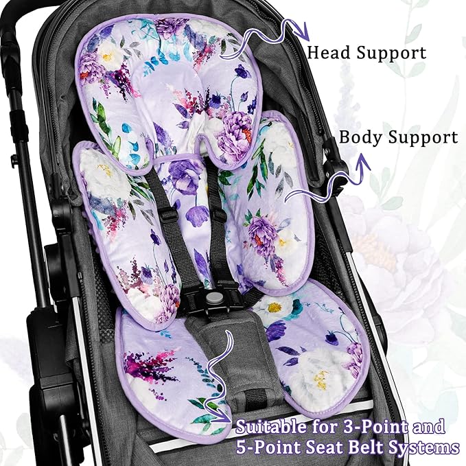 2 in 1 Infant Car Seat Insert, Car Seat Head Support Baby Girls Boys, Soft Newborn Carseat Insert Cushion, Perfect for Carseats, Strollers, Swings (Purple Flower)-BubblyBeeBaby