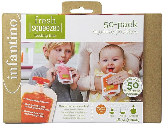 Infantino Disposable Squeeze Pouches - Pack of 50 Disposable Pouches for Portable Homemade semi-Solid Food for Babies and Toddlers, BPA and PVC Free, Freezer Safe-BubblyBeeBaby