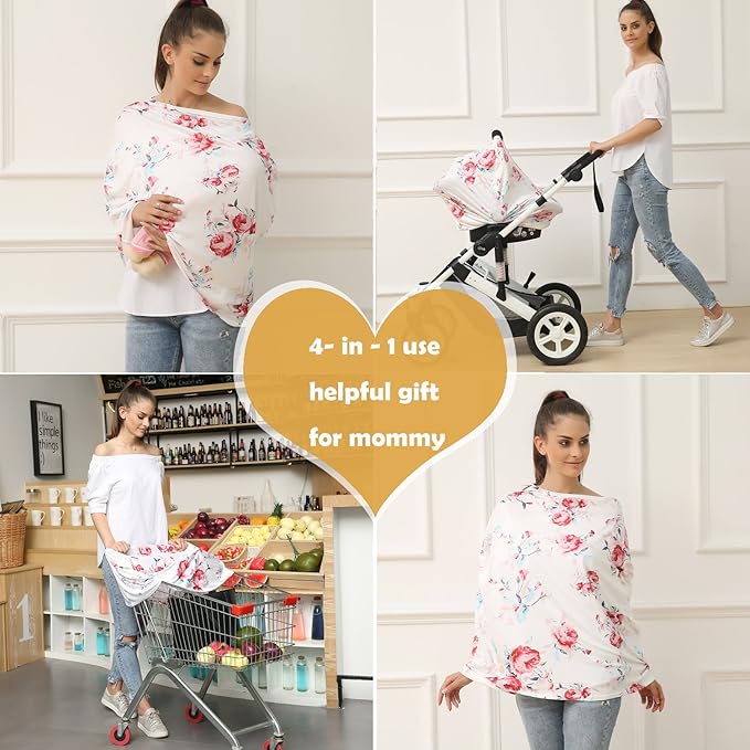 Baby Car Seat Covers - Stroller Canopy Breastfeeding Covers, Multi-use Carseat Canopy, for Boys and Girls Shower Gift (Print Flower)-BubblyBeeBaby