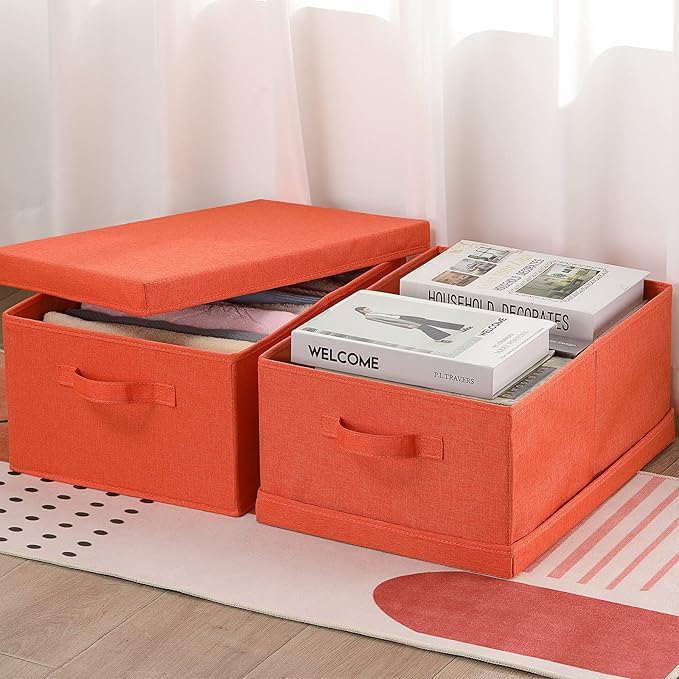 HOONEX Storage Bins with Lids for Organizing, Pack of 2, Storage Boxes with 2 Carrying Handles and Sturdy Heavy Cardboard, 16.5" L x 11.8" W x 7.5" H for Shoes, Books, Clothes, Nursery, Orange-BubblyBeeBaby