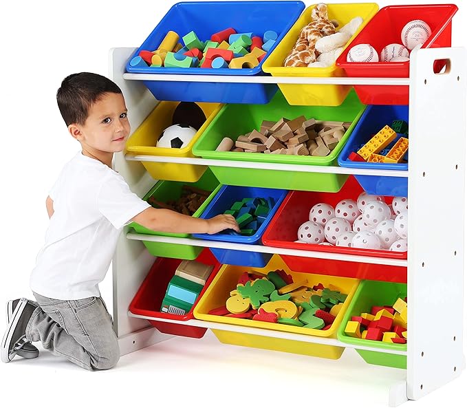 Humble Crew Kids Toy Storage Organizer with 12 Plastic Bins, White/Primary – Removable Bins for Playroom, Bedroom, Toddler Furniture for Boys and Girls Ages-BubblyBeeBaby