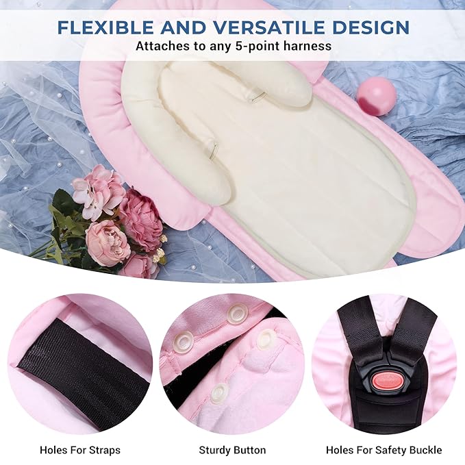 COOLBEBE New Babybody Support & Strap Covers Set for Newborn Infant Toddler- Extra Soft Stroller Cushion Pads Car Seat Insert, Perfect for Carseats, Strollers, Swings, Pink-BubblyBeeBaby