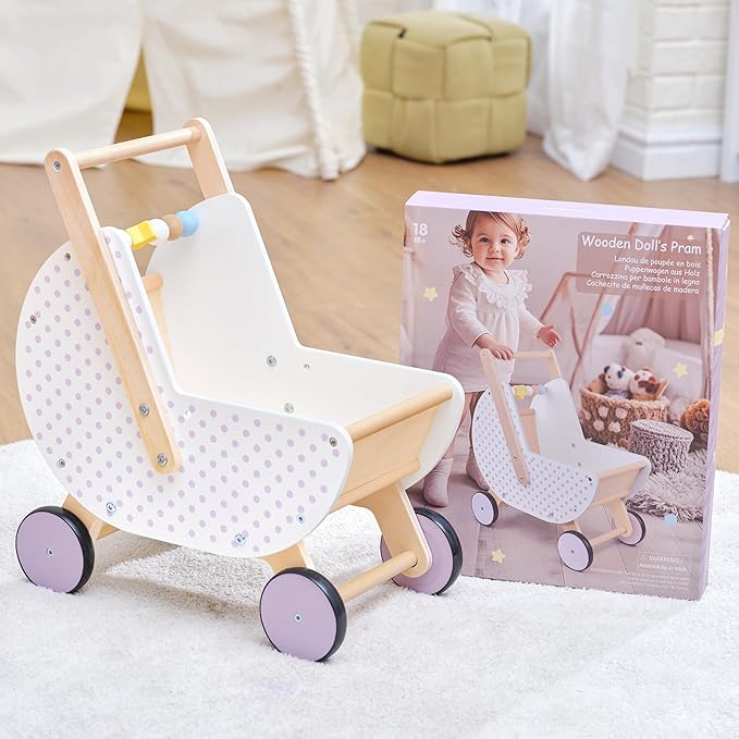 Wooden Baby Walker & Doll Stroller – Adjustable Handle Push Cart, Anti‑Tip, Quiet Wheels, Pretend Shopping Cart – Montessori Wooden Walker for Babies, Doll Stroller for Toddlers 12m+-BubblyBeeBaby