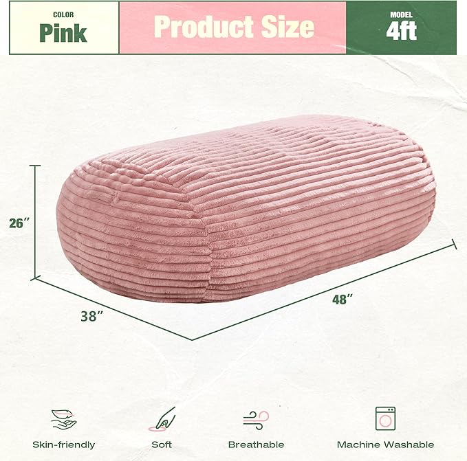 Hobestluk 4FT Bean Bag Chairs Adult Bean Bag with Portable Handle Comfy Large Bean Bag Chair with Removable Cover for Living Room Bedroom or Reading Nook (Stripe Pink, 4FT)-BubblyBeeBaby