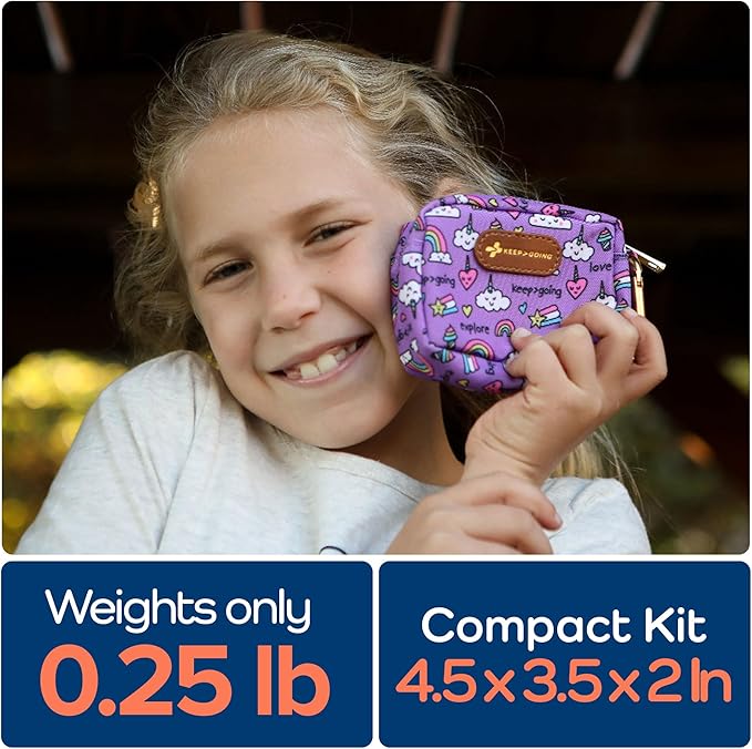 KeepGoing Small Travel First Aid Kit Kids – 60 Pc. Mini First Aid Kit for Purse, Diaper Bag, & Backpack with Latex-Free Bandages – 4 Oz., & 4.5 x 3.5 x 2 in, TSA-Approved-BubblyBeeBaby