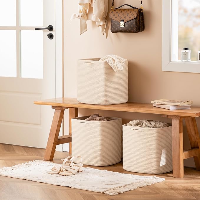 joybest Cube Storage Bins Set of 4, 13inch Cube Baskets Organizer for Nursery, Square Cotton Rope Baskets for Shelves Organizing, Kids Toy, Closet Storage, Beige-BubblyBeeBaby