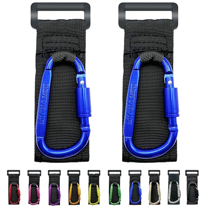 Baby Stroller Hook, Carry 30 lbs per Stroller Carabiner Clip, Adjustable Baby Stroller & Car Seat Hook for Hanging Diaper Bag, Wheelchair,Golf cart, Shopping and Pet Cart(2 Pcs Blue)-BubblyBeeBaby