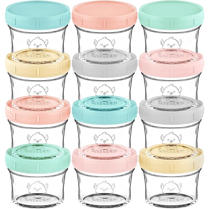 KeaBabies 12pk 4oz Glass Baby Food Containers with Lids - Leak-Proof, Microwavable Small Glass Jars, Baby Purees & Toddler Snack Storage Containers, BPA-Free, Dishwasher & Freezer Safe (Pastels)-BubblyBeeBaby