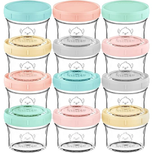 KeaBabies 12pk 4oz Glass Baby Food Containers with Lids - Leak-Proof, Microwavable Small Glass Jars, Baby Purees & Toddler Snack Storage Containers, BPA-Free, Dishwasher & Freezer Safe (Pastels)-BubblyBeeBaby