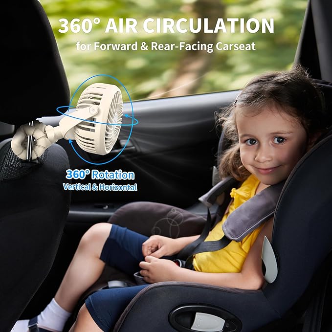 AMACOOL Battery Operated Stroller Fan Flexible Tripod Clip On Fan with 3 Speeds and Rotatable Handheld Personal Fans for Car Seat Crib Bike Treadmill (Beige)-BubblyBeeBaby